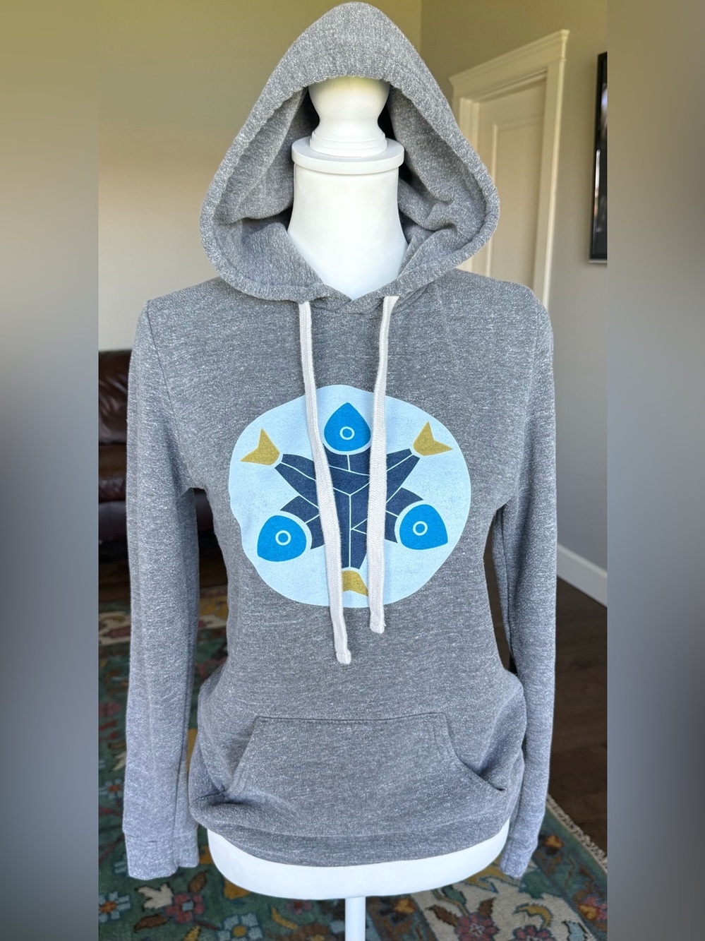Salmon Sisters Gray Hooded Women's Sweatshirt with Blue Fish Graphic, USA  Small